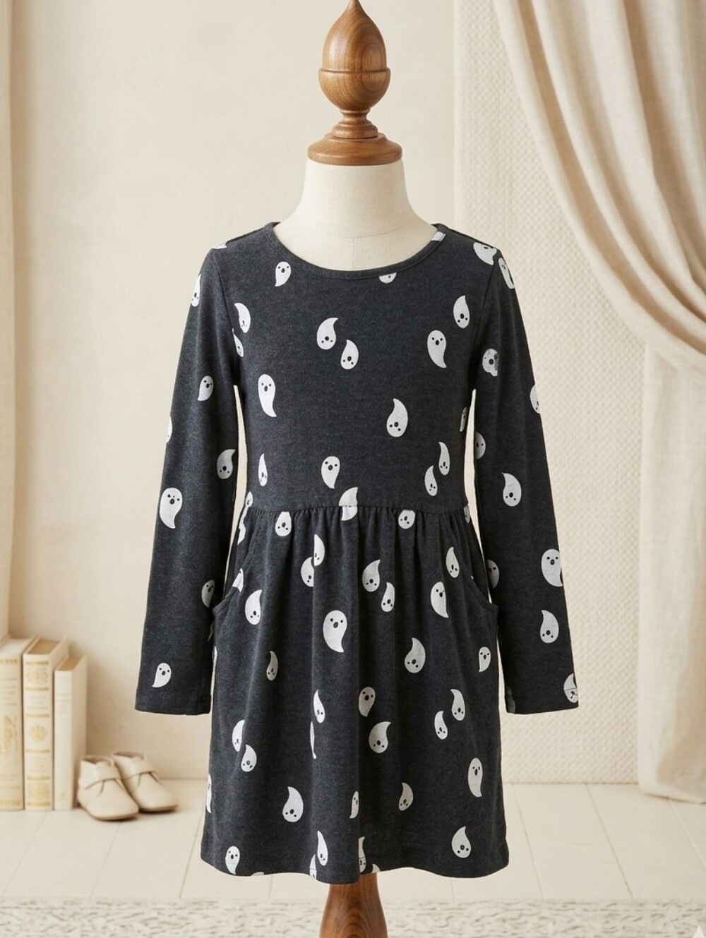 Cat & Jack Spooky Ghost Pocket Dress Sz 7/8 Halloween Heathered Gray